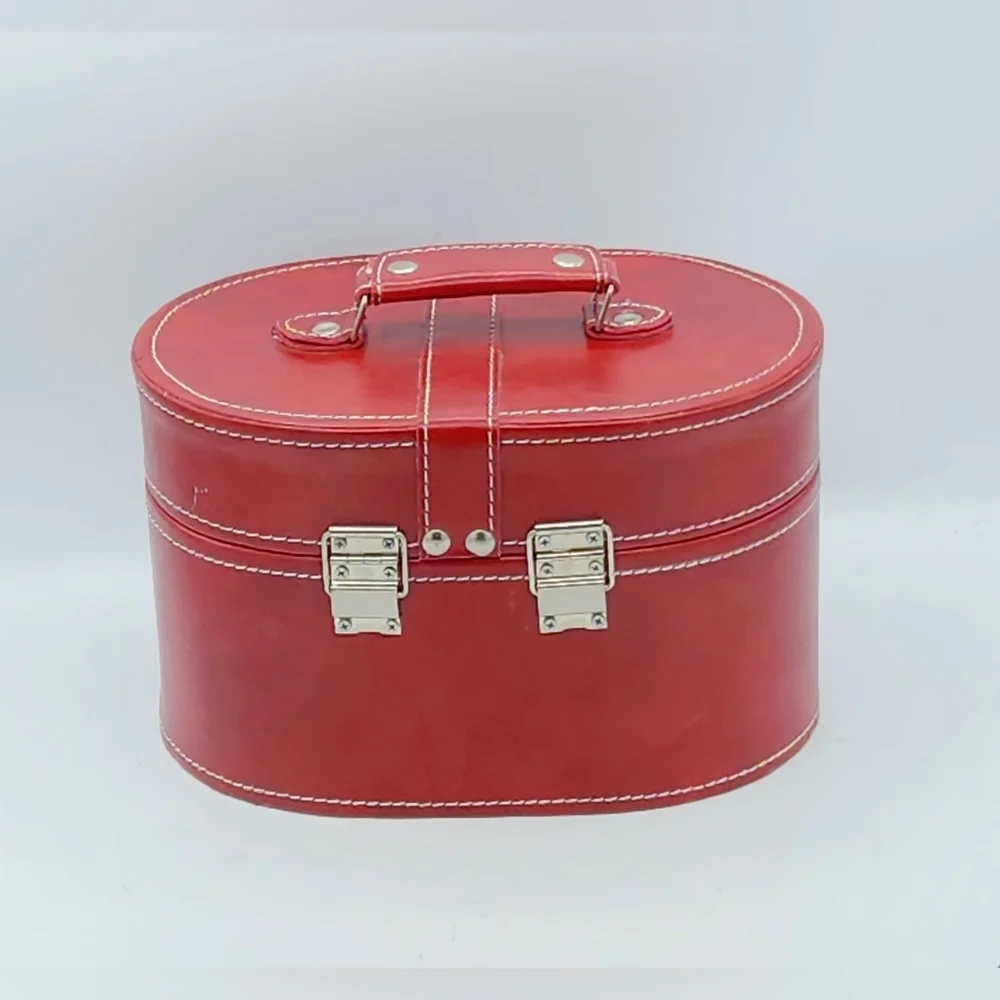 Vintage Style Faux Leather Burgundy Oval Storage Case Contrast White Stitching